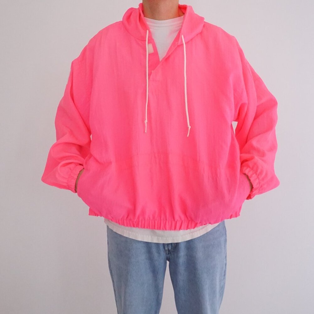 Vintage 80s' Asics Neon Pink Hooded Windbreaker Pullover Jacket Large